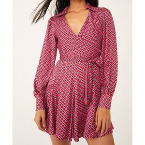 Free People It Takes Two Mini Dress Women Size XS Open Back Wrap Skater Pink Red